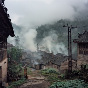 东北山村，炊烟袅袅，蛙声阵阵