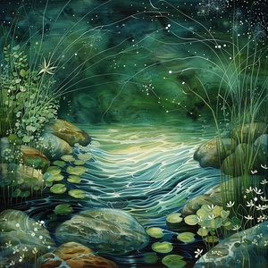 By the spring grass pool, the rocks stir the waves, The flowing water cuts through with a green abundance. Looking up, the light smiles at the tender sprouts, Shooting stars leap like fish, singing among the water plants.