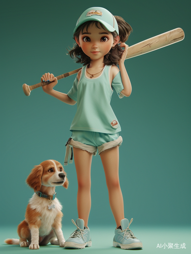 Confident Little Girl with Baseball Bat and Curious Puppy
