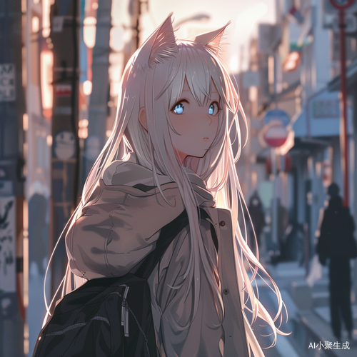 白色长发女生戴猫耳，蓝色瞳孔，穿超短裙