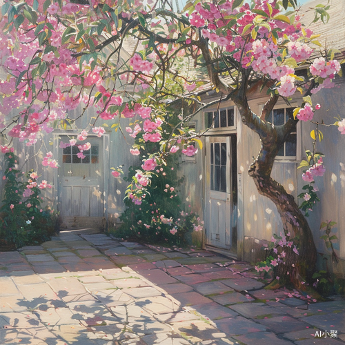 Early Morning Sunshine Casting Stunning Pink Crabapple Flowers in Farmhouse Courtyard