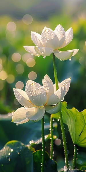 After the rain, white lotus flowers blooming on green leaves with water droplets hanging from them, delicate and beautiful. The background is a blurred grassland, with clear details of dewdrops shining in light. This photo captures the moment when sunlight shines through the petals, creating an elegant atmosphere. The delicate texture of the flower petals, sparkling crystal-like beads,adds to its natural beauty in the style of high definition photography. ar 1:2高清壁纸，18k