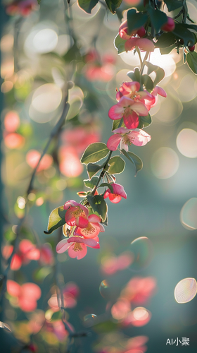 Clear Morning with Gentle Sunshine and Pink Crabapple Flowers