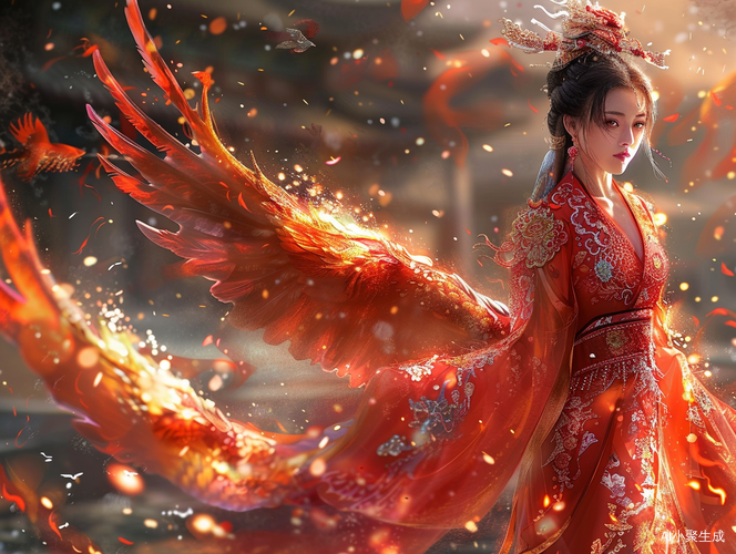 中国古风红衣美女火凤凰