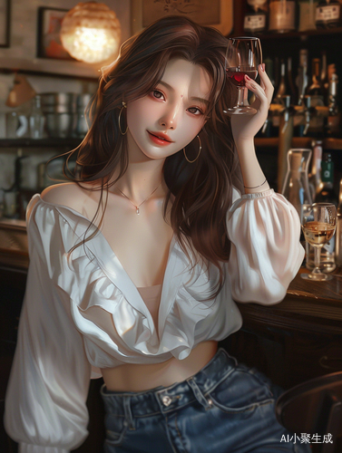年轻美女微笑着，手放在额头，坐在酒吧吧台前面