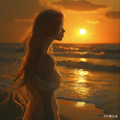 日出美景中的温柔长发女子