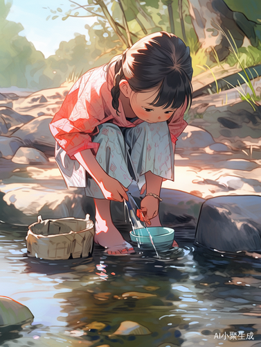 河边洗脚的古装小孩