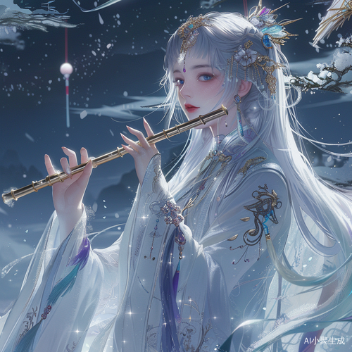 银发女子行走于冰雪世界的瞳中有梅花纹路