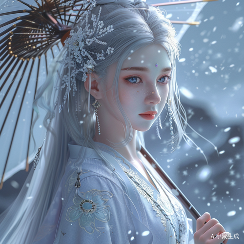 银发女子行走于冰雪世界的瞳中有梅花纹路