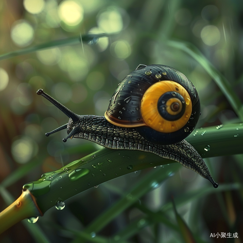 雨后蜗牛爬行，水滴闪光