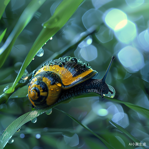 雨后蜗牛爬行，水滴闪光