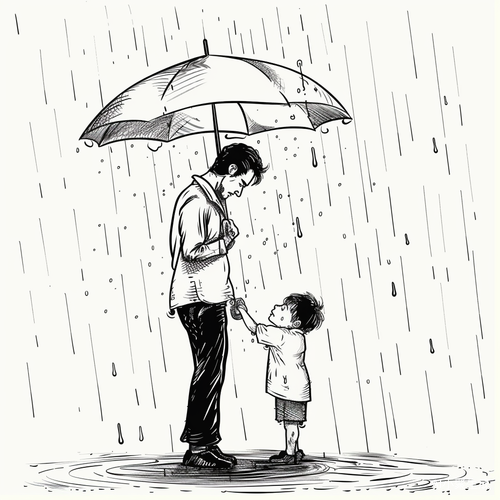 父亲为孩子遮雨，身(湿)