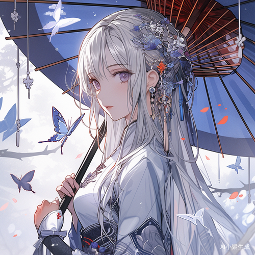 银发女子行走于冰雪世界的瞳中有梅花纹路