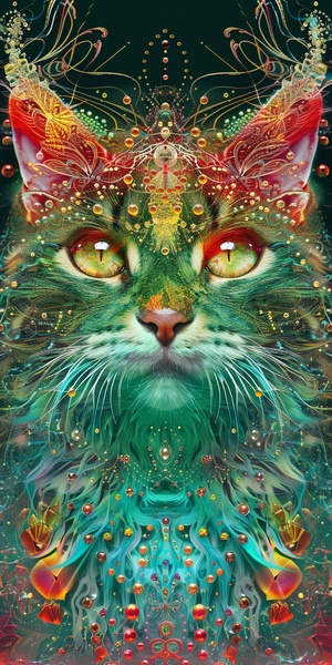 a meticulously crafted portrayal of a fantasy cat adorned in vibrant Lemon Green, Cherry Red, and Sky Blue hues. Quantum dots dance across its fur,mirroring energy levels through swirling cosmic gold patterns. The composition includes elements like pearly dewdrops, refraction diffraction,ferrofluid dynamics, asymmetrical polyhedra toys,ornate line tracings, and intricate details reminiscent of akashic records. The visual experience is enhanced by the use of octane render, culminating in a mesmerizing displa