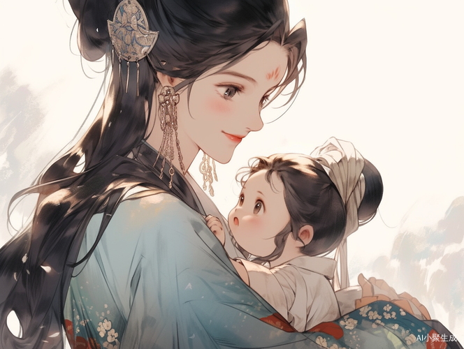 穿着浅蓝色连衣裙的中国古代风母子