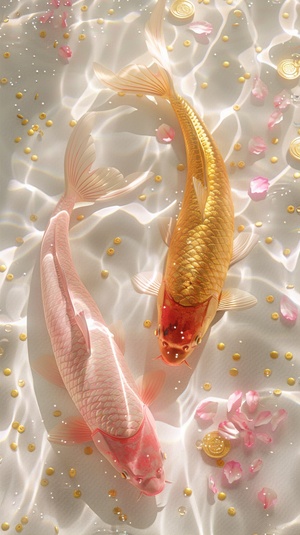 Pink carp swimming in clear water, lots of golden corns,pink and gold petals,one pink koi fish and one golden koi fish with long tails at the bottom of a sparkling white pool, gold dust, sparkle, gold coins, luick,light and shadow effects, in the style of surrealism, y2k aesthetics, soft edges, high resolution photography, fantastic realism. I can't believe how beautiful it is.