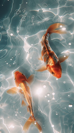 Surreal,there are two golden fish made of foil on the sparkling white water,beautiful curves,sunlight,spots,reflective cyan,light and shadow,sacred,natural light,cinematography,photography,real,high - definiition,high detail,clean,simple,best picture quality ar 3:4 v 6.0 s 250