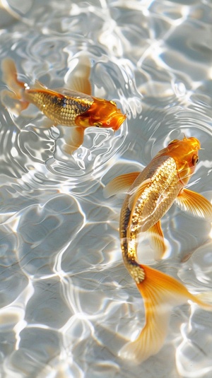 Surreal,there are two golden fish made of foil on the sparkling white water,beautiful curves,sunlight,spots,reflective cyan,light and shadow,sacred,natural light,cinematography,photography,real,high - definiition,high detail,clean,simple,best picture quality ar 3:4 v 6.0 s 250