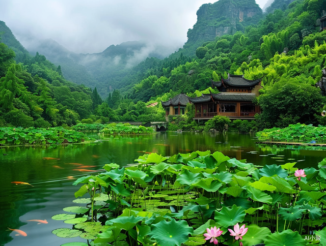 高山绿水，荷花精致漂亮的超美艳丽景观