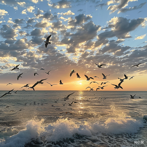 Flock of Seagulls Flying at Sunset