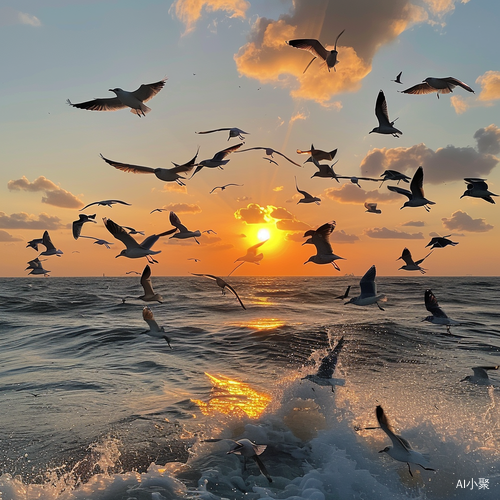 Flock of Seagulls Flying at Sunset