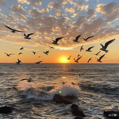 Flock of Seagulls Flying at Sunset