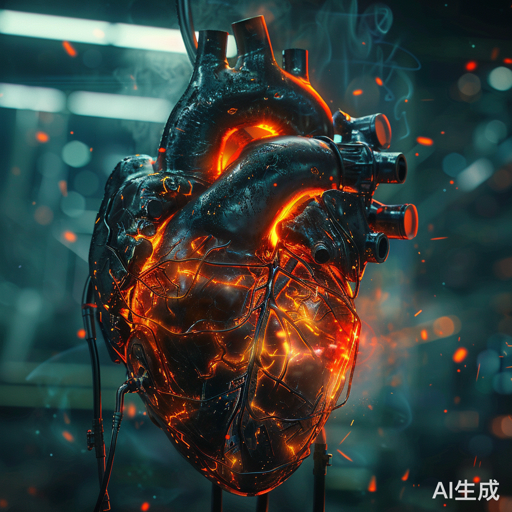 燃烧的机械心脏背景下的神秘赛博朋克宇宙