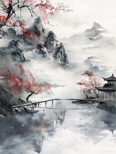 中国山水画中的水墨画：细腻层次，云雾缭绕，树木山峦，人与自然和谐。