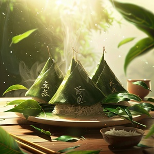 Triangle food made by steaming glutinous rice wrapped in zongzileaves, in the style of traditional chinese landscape, festive atmo-sphere, green and bronze, focus stacking, symbolic props, leafpatterns, Bright background, Sun light ar 3:4