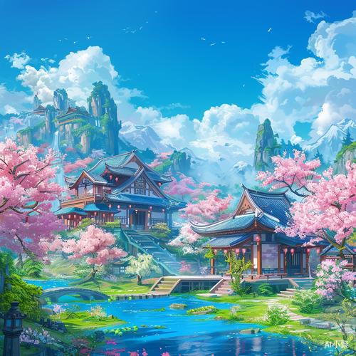 Outdoor Spring Atmosphere with Blue Theme and Cherry Blossom Trees