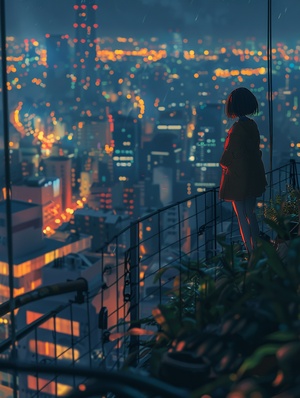 A girl，makoto shinkai style, anime, japan animation background,80mmcamera lens, wide angle, night view, city, building, edge, highdetail q 2 s 250v5