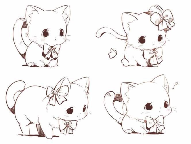 黑色线稿可爱小猫咪简笔画