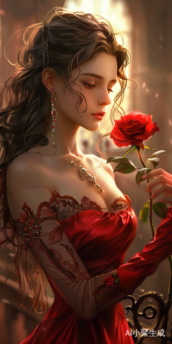 红玫瑰女性艺术插画