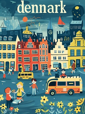 The vibrant Danish landscape is characterized by iconic landmarks, bustling streets, and vibrant cultural symbols. Including blooming chrysanthemums, buses, skyscrapers, children, playful people, and lively street vendors selling food. The information map is designed in clear font with the words "Denmark" on it. Cartoon illustrations, high-quality, complete details. Light tone, attention to architectural details, high-resolution 250 style ar 3:4