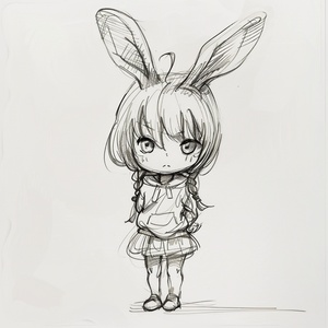 artoon style, thick lines, low detail, no shading, graphic design, pencil sketch of Chibi, toy character, A little girl has rabbit ears