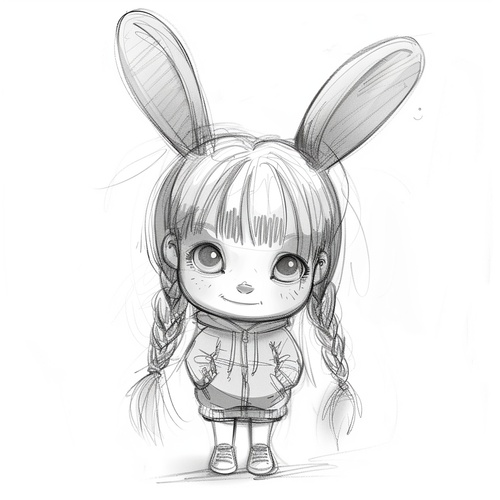 artoon style, thick lines, low detail, no shading, graphic design, pencil sketch of Chibi, toy character, A little girl has rabbit ears