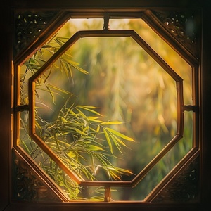 A window with an octagonal shape, through which we can see bamboo leaves swaying in the wind. The background is filled with warm colors and soft lighting, creating a peaceful atmosphere. This photo was taken in the style of photographer Chen Man, using a Nikon D750 camera.