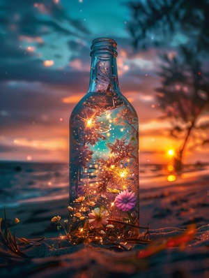 A beautiful glass bottle, which contains the world of stars, trees, flowers and flowers, the Milky Way,placed on the table, the background is the beach under the sunset, fantasy, aesthetic, literary, epic picture, true photographic texture, HD 8k