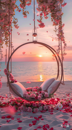 Winter Morning: Beaful Sunrise with Circular Swing Surrounded by Roses on Seaside Beach