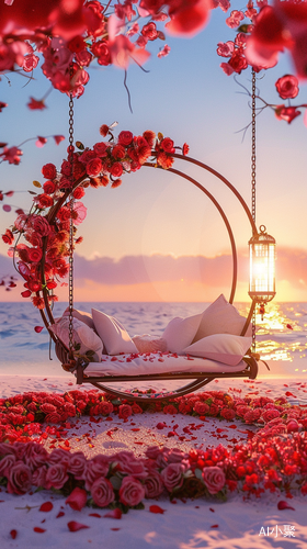 Winter Morning: Beaful Sunrise with Circular Swing Surrounded by Roses on Seaside Beach