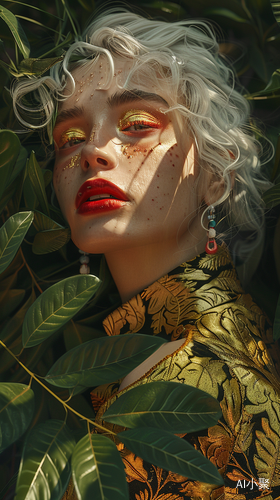 Close up portrait of a woman with white hair and dramatic makeup, leaning on green leaves in a cinematic Old Master style