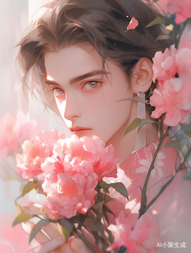 中国男士握粉红花，现实与超现实的插图
