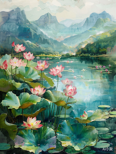 Color Field: Lotus Flowers in a Pond with Mountains