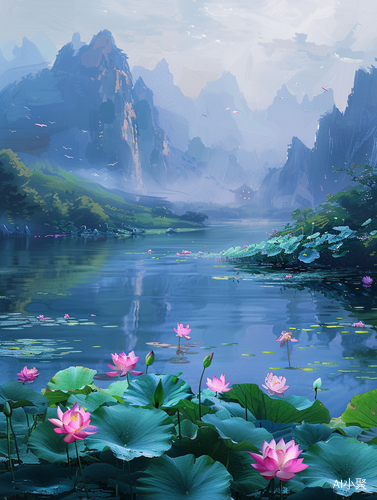 Color Field: Lotus Flowers in a Pond with Mountains