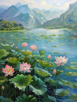 lotus flowers in a pond with mountains in the background, an impressionist painting by Ma Wan, flickr contest winner, color field, lotus flowers on the water, lotus flowers, lotus pond