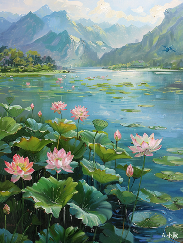 Color Field: Lotus Flowers in a Pond with Mountains