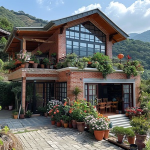 real scene shooting, rural two-story simple villa, the background is the mountain, brick wall, herringbone roof, the second floor has a large terrace, many flowers and plants, white latex paint wall, the house is the main body of photography, the whole building appears in the picture, the foreground yard is very large, there are many potted plants, potted plants are very detailed, potted plants are full of flowers, the yard is clean and tidy, slate floor tiles, slr camera telephoto shooting, medium shot, ul