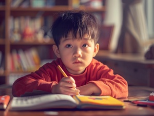 小男孩坐在书桌前，眉头紧锁，面容忧虑。他被繁琐的学习任务困扰着，笔下的字母显得格外艰难。他努力地思考，但是思绪却像浓雾般纷乱。他渴望找到一种有效的学习方法，让知识变得更加轻松和有趣。