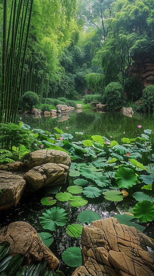 翠绿的竹林环绕着假山坐落在一片湖里，假山上太湖石形态各异，湖面上并蒂莲花盛开