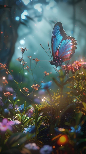 Dream Forest, butterfly withcolourful wings, Fairy tale Style, lifelike, Lots of CrystalFlowers, Moonlight Effect, High detail, Unreal 3D DigitalArt Engine, 2000s Animation Style, Fairy Elves ,16k,HD v 5.2 ar 9:16